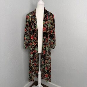 Cameo & Myth Womens Small Black Floral Sheer Duster Cardigan Kimono Long Sleeve